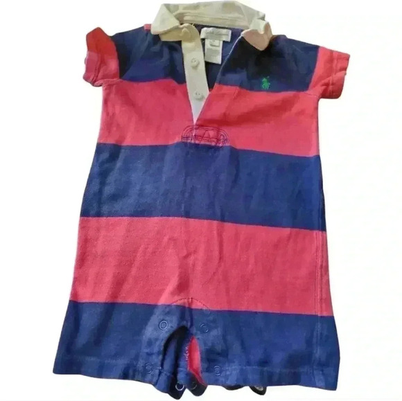 💚 3 For $15 Ralph Lauren Romper size 6M Rugby Stripe Red Navy - Picture 1 of 3